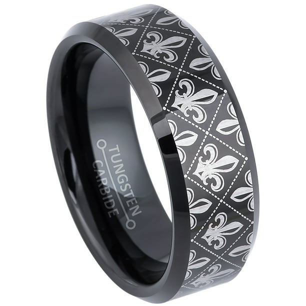 Men 8MM Comfort Tungsten Carbide Wedding Band Fleur De Lis Patterned Black Ring